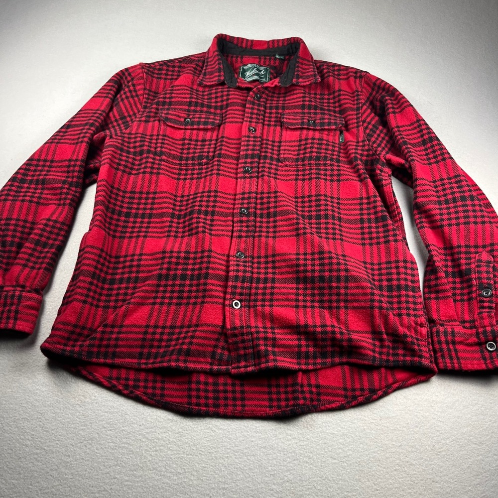 Woolrich Mens XL Red Black Plaid Cotton Flannel Shirt Jacket with Hand Pockets
